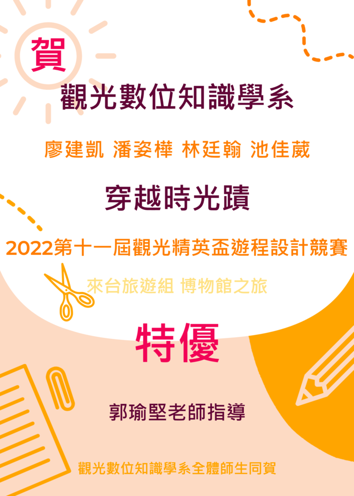 2022年第十一屆觀光精英盃遊程設計競賽， 恭喜觀光數位知識學系同學為校爭光。圖片